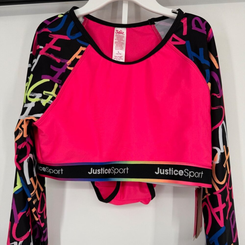 Justice Sport Girls Long Sleeve Crop Top & Bikini Set Large Pink size large - Picture 4 of 10